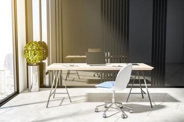 Modern workplace with devices in bright office interior with city view and concrete flooring. 3D Rendering.