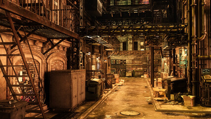 Cyberpunk concept 3D rendering of a seedy dark dystopian futuristic urban city back street at night.