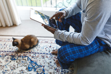 African american man using tablet and sitting on couch in living room with cat
