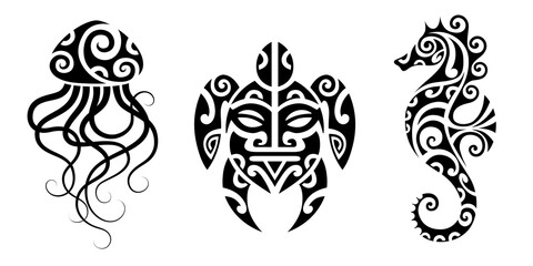 Set of tattoo sketch maori style. Sea animals. Turtle, seahorse, jellyfish. 
 - obrazy, fototapety, plakaty