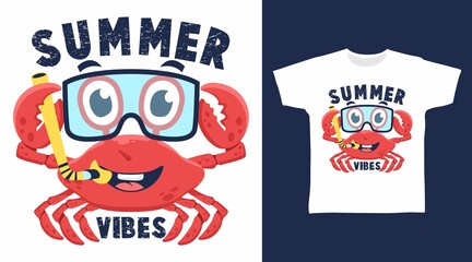 Cute crab summer vibes illustration t-shirt design vector © Clushy