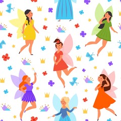 Magic fairy pattern. Cute fairies, princess flying on butterfly wings. Magical girl in dress, fantasy tale childish decent vector seamless texture