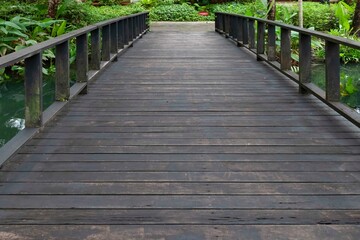 Fototapeta na wymiar A dark wooden bridge crosses a pond in a tropical garden