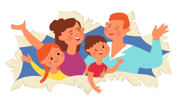 Family in paper hole. Happy parents, people look through torn opening. Positive children, cartoon birthday, festival or party decent vector banner