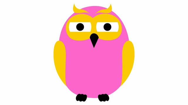 Animated funny pink owl. Looped video. Vector illustration isolated on a white background.
