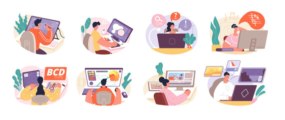Designer workers. Designers use technology, laptops on workplace. Digital innovation in animation and graphic, creative office people utter vector scenes