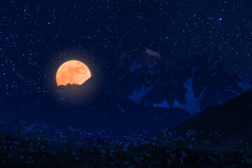 Fototapeta na wymiar Moon and stars over mountains
