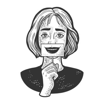 Sad girl with simulated smile sketch engraving vector illustration. T-shirt apparel print design. Scratch board imitation. Black and white hand drawn image.