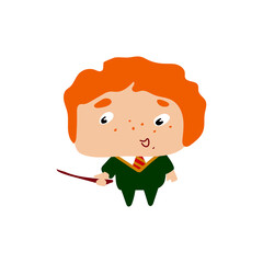 magician with a magic wand. boy with red hair in school clothes and with a tie. vector stock illustration. White background. freckles. cartoon character
