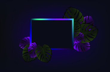 dark background with frame and tropical leaves in retro 80s style.
Classic 80s design vector illustration.
