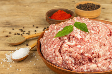 Raw minced meat. Ground pork with spices