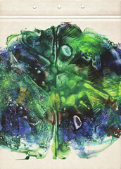 A sheet of notebook stained with blue and green watercolors. Artistic template for creative design. Abstract watercolor painting on a sheet of old paper.