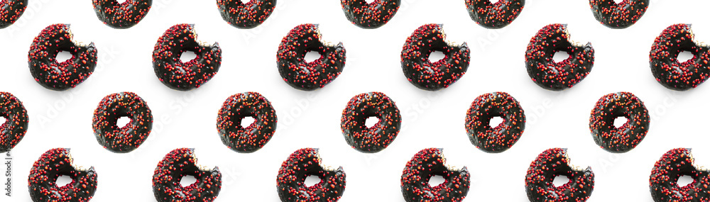 Wall mural black bited donuts with red glaze on white background seamless pattern top view. food dessert flatly