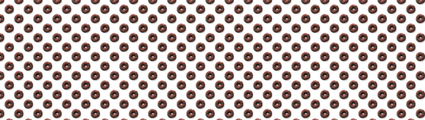 Black donuts with red glaze on white background seamless pattern top view. Food dessert flatly flat lay of delicious sweet nibbles chocolate donuts banner