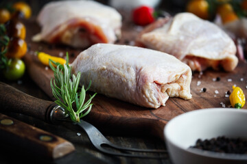 Raw uncooked chicken thigh meat over a wooden cutting board with fresh ingredients. Extreme selective focus with blurred foreground and background.