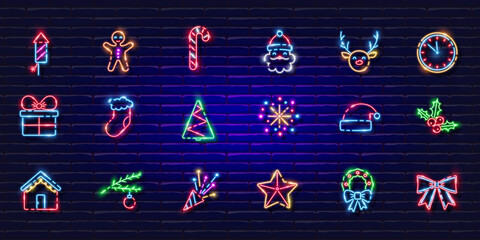 New year symbols neon set. Glowing icons. New Year and Christmas concept. Vector illustration for design. - obrazy, fototapety, plakaty