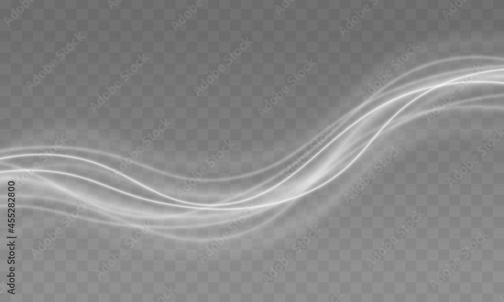 Poster White sparks glitter special light effect. Sparkling dust star trail with bokeh. Transparent light effect with curve trace and wavy line. Illustration of the movement of white smoke flow curve. Vector