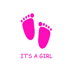 Pink Little Baby Feet Vector Card. Hand Drawn Baby Shower Illustration. Pink Baby Girl Footprints on a White Backround.Sweet Pink Little Heart on a White. Lovely Nursery Art. Vector Design.