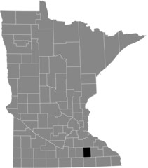 Black highlighted location map of the Dodge County inside gray map of the Federal State of Minnesota, USA