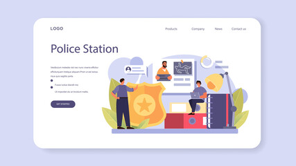Policeman web banner or landing page. Detective making interrogation
