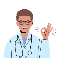Fototapeta premium Smiling doctor with glasses gestures that everything is in order. Ok-gesture.