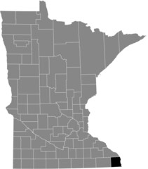 Black highlighted location map of the Houston County inside gray map of the Federal State of Minnesota, USA
