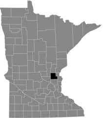 Black highlighted location map of the Isanti County inside gray map of the Federal State of Minnesota, USA