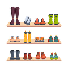 Shoes on shelves. Merchandizing shop window trendy fashioned shoes front view sport sneakers and boots for women and men garish vector illustrations set - obrazy, fototapety, plakaty
