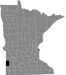Black highlighted location map of the Lincoln County inside gray map of the Federal State of Minnesota, USA