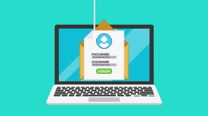 Pixel art animation of Phishing login and password from email with fishing hook. After this, skull appers on red laptop screen.
Video of online scam and security. 