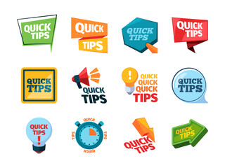 Quick tips. Promo labels idea reminder stickers education messages think marks creative colored idea logos garish vector quick tips set