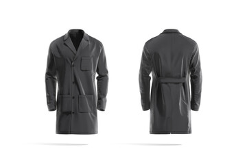 Blank black medical lab coat mockup, front and back view