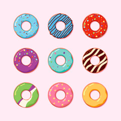 Fototapeta premium Donuts collection. Dessert foods for coffee time breakfast chocolate snacks pastries products garish vector donuts illustrations