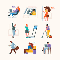 Tired persons. Mental problems sleeping workers stressed male and female office managers garish vector flat illustrations