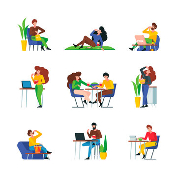 People eating. Male and female adults characters eating restaurant food meals fruits vegetables meat and liquid drinks garish vector persons set