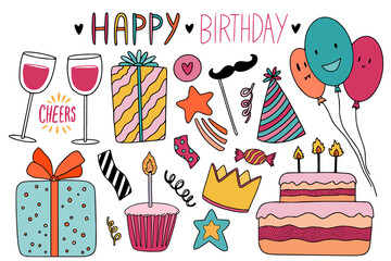 Happy Birthday doodle elements for greeting card and christmas holiday decoration. Kawaii stickers and pins designs.