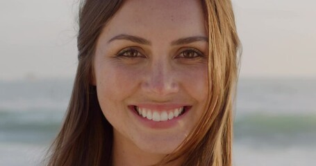 Portrait beautiful young woman smiling at sunset on beach brazilian lady enjoying lifestyle - Powered by Adobe