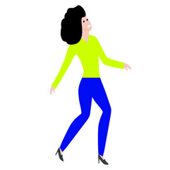 Fototapeta na wymiar a girl with lush black hair is happy in trousers and a jumper dancing isolated on a white background, flat design style 