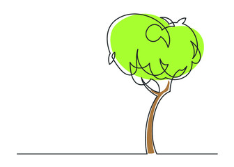 Continuous line drawing of tree on white background. Green olive tree one line. Vector illustration