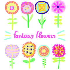 Vector set of multicolored fantasy flowers on white background with blue, pink, green, purple, orange, yellow colors.