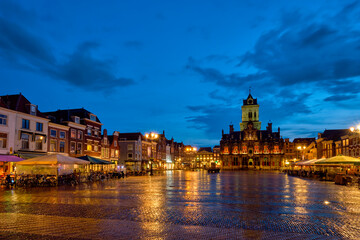 Delft Market Square Markt in the evening. Delfth, Netherlands