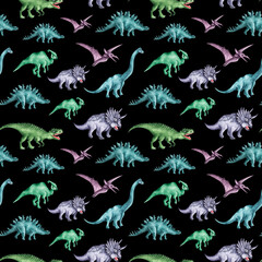Dinosaurs watercolor seamless pattern. Prehistoric animal. Paleontology. Blue, green, purple dinosaurs. Reptiles. Dino baby print. For printing on textiles, fabrics, wrapping paper, notebooks, covers