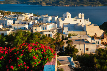 Fototapeta premium Picturesque scenic view of Greek town Plaka on Milos island over red geranium flowers
