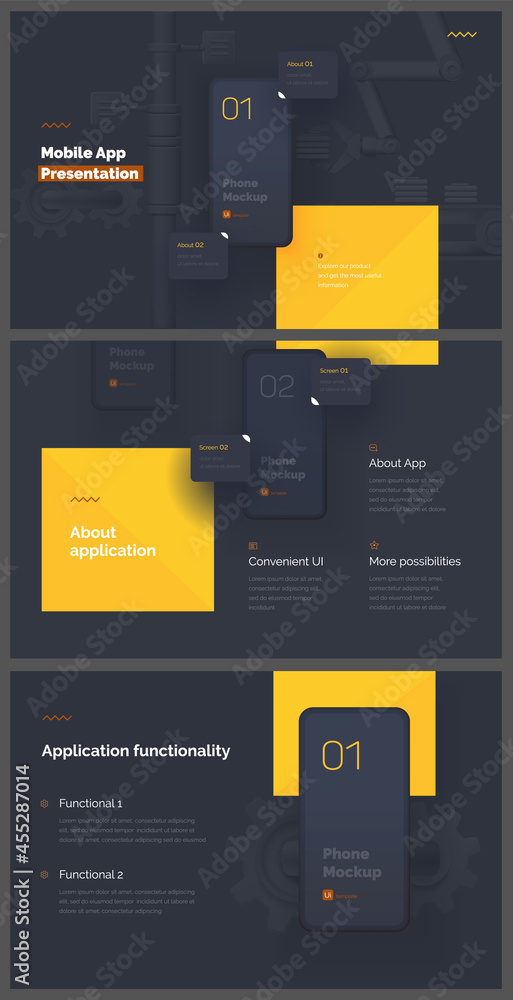 Poster modern presentation of a mobile application. website template. mobile phone mockup on a yellow backg