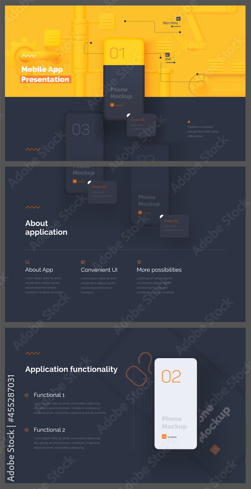 Poster modern presentation of a mobile application. website template. mobile phone mockup on a yellow backg