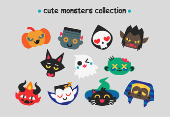 Collection of cute monster faces. Hand drawn Halloween cute and kawaii monsters collection. Сute monsters icons. Halloween emoji icons.