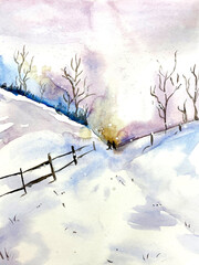 hand drawing watercolor winter landscape