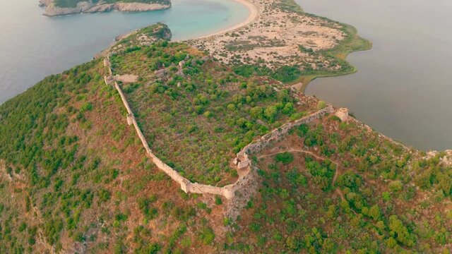 4K aerial - a bird's eye view&nbsp;video (Ultra High Definition) of Old Navarino Castle. Beautiful summer seascape of Ionian sea. Spectacular morning scene of Greece, Europe.