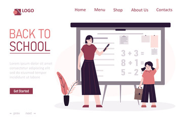 Fototapeta premium Back to school. Cartoon teacher in front of blackboard explaining example to pupil. Concept of teaching and learning in classroom. Education and knowledge.