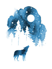 Silhouette of wolf howling at the moon. Watercolor winter landscape with isolated animal, sky, moon and forest in blue color. Watercolor wolf vector illustration and splash
